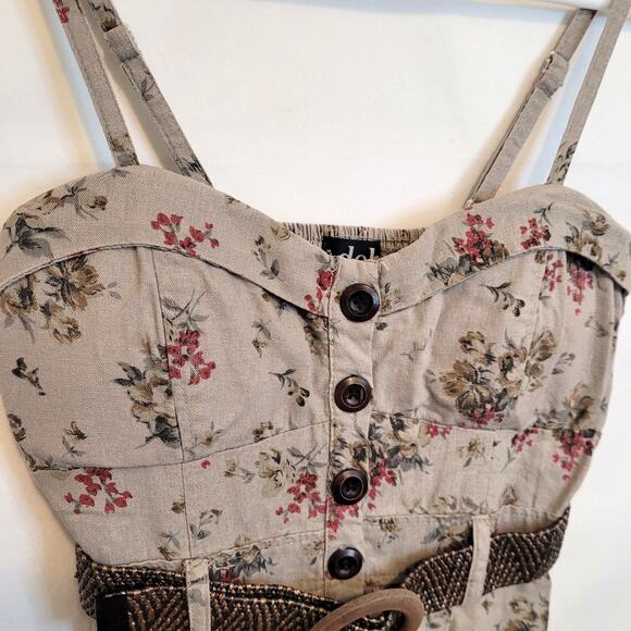 Deb Juniors Floral Dress L Belted Smocked Back Padded Bra Linen/Cotton - Picture 2 of 7